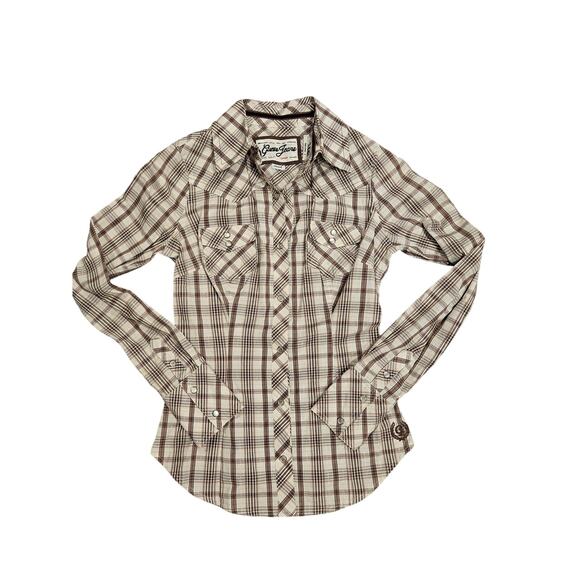 Guess jeans snap button babydoll button down shirt womens small brown gold y2k - Picture 1 of 9